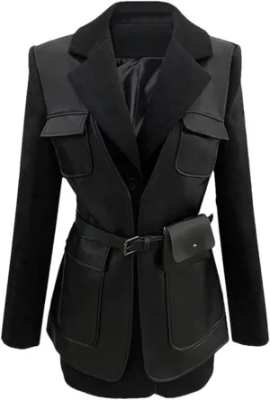 Women Autumn Black Wool Blends Patchwork Leather Jacket With Many Pockets Long Sleeve Single Breasted Coat