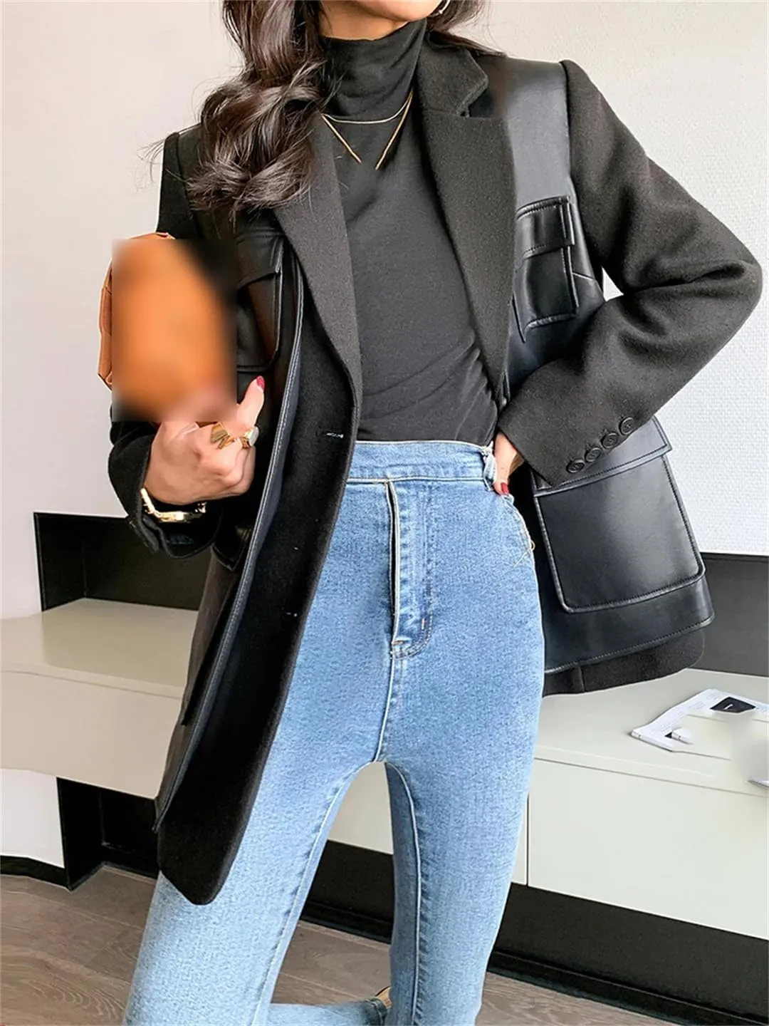 Women Autumn Black Wool Blends Patchwork Leather Jacket With Many Pockets Long Sleeve Single Breasted Coat