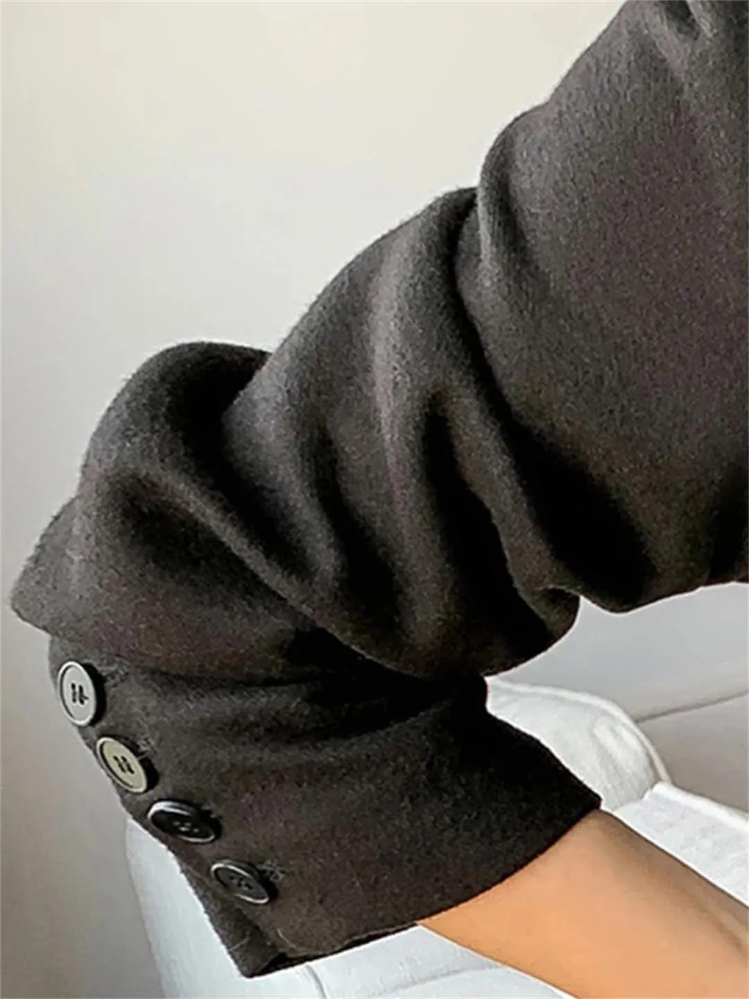 Women Autumn Black Wool Blends Patchwork Leather Jacket With Many Pockets Long Sleeve Single Breasted Coat