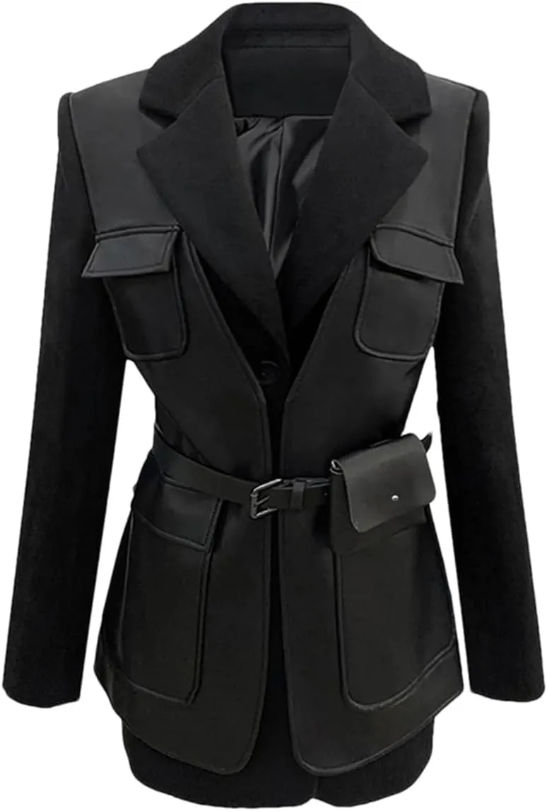 Women Autumn Black Wool Blends Patchwork Leather Jacket With Many Pockets Long Sleeve Single Breasted Coat