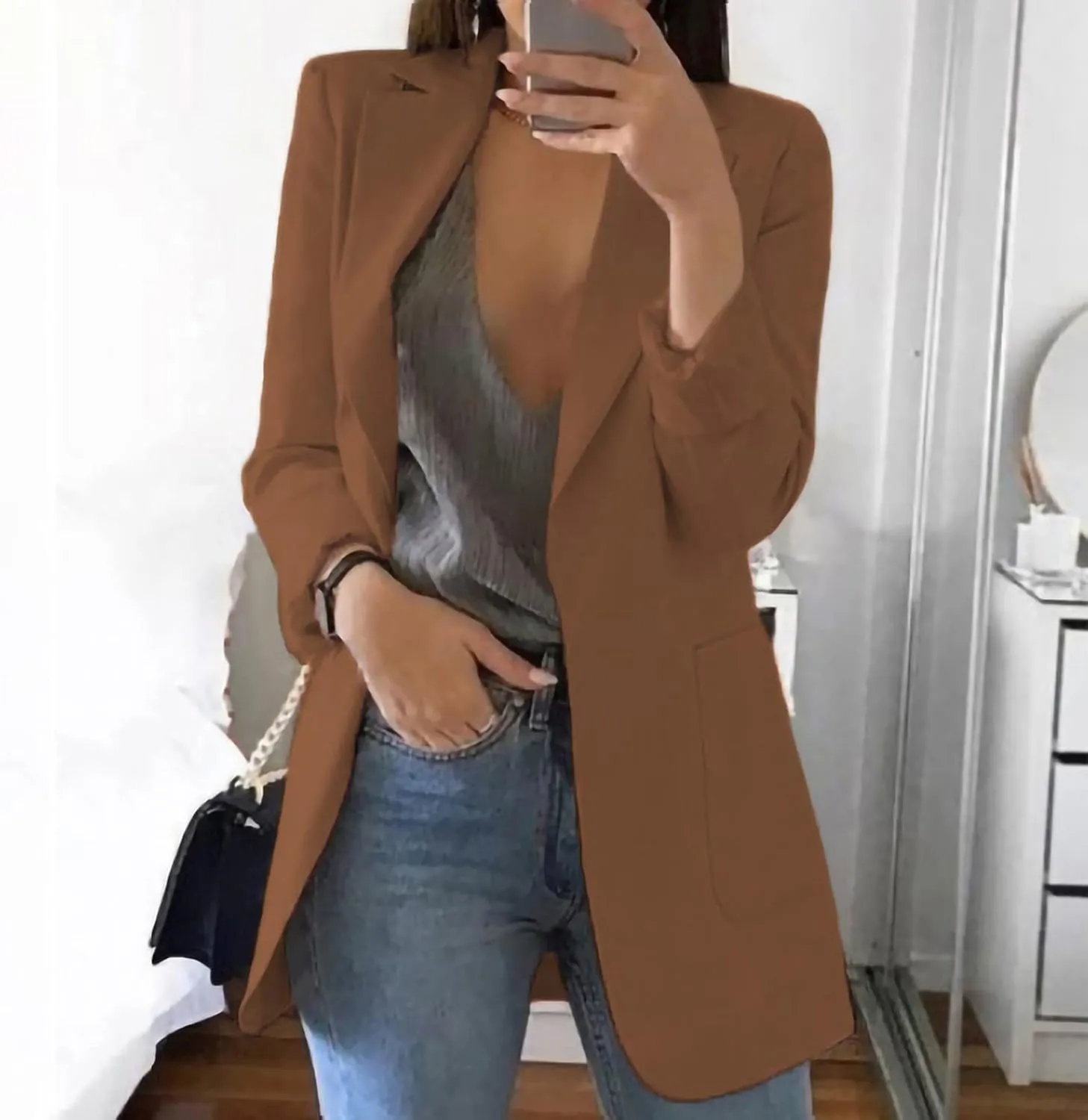 Women Blazers Windproof Coat Trench Coat Autumn Spring Coat Blouse Jacket Turndown Collar Long Sleeve Outwear