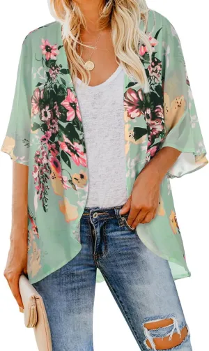 Women Kimono Cardigans Casual Summer Tops Cover up Open Front Floral Print Resort Wear