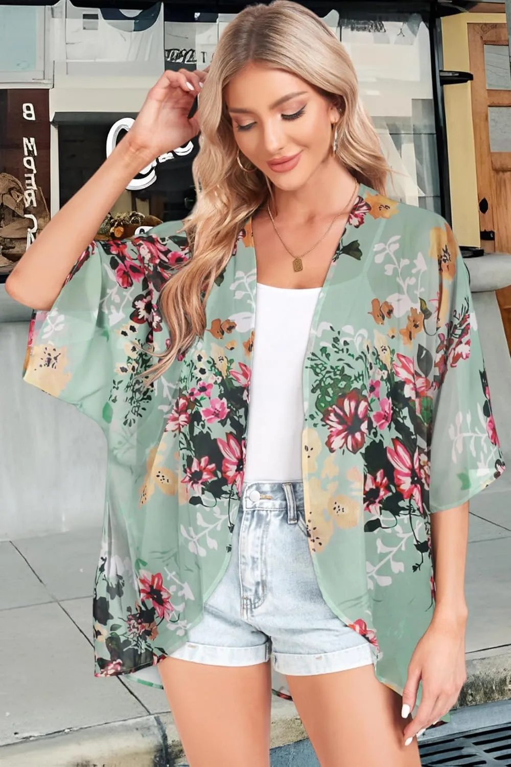Women Kimono Cardigans Casual Summer Tops Cover up Open Front Floral Print Resort Wear