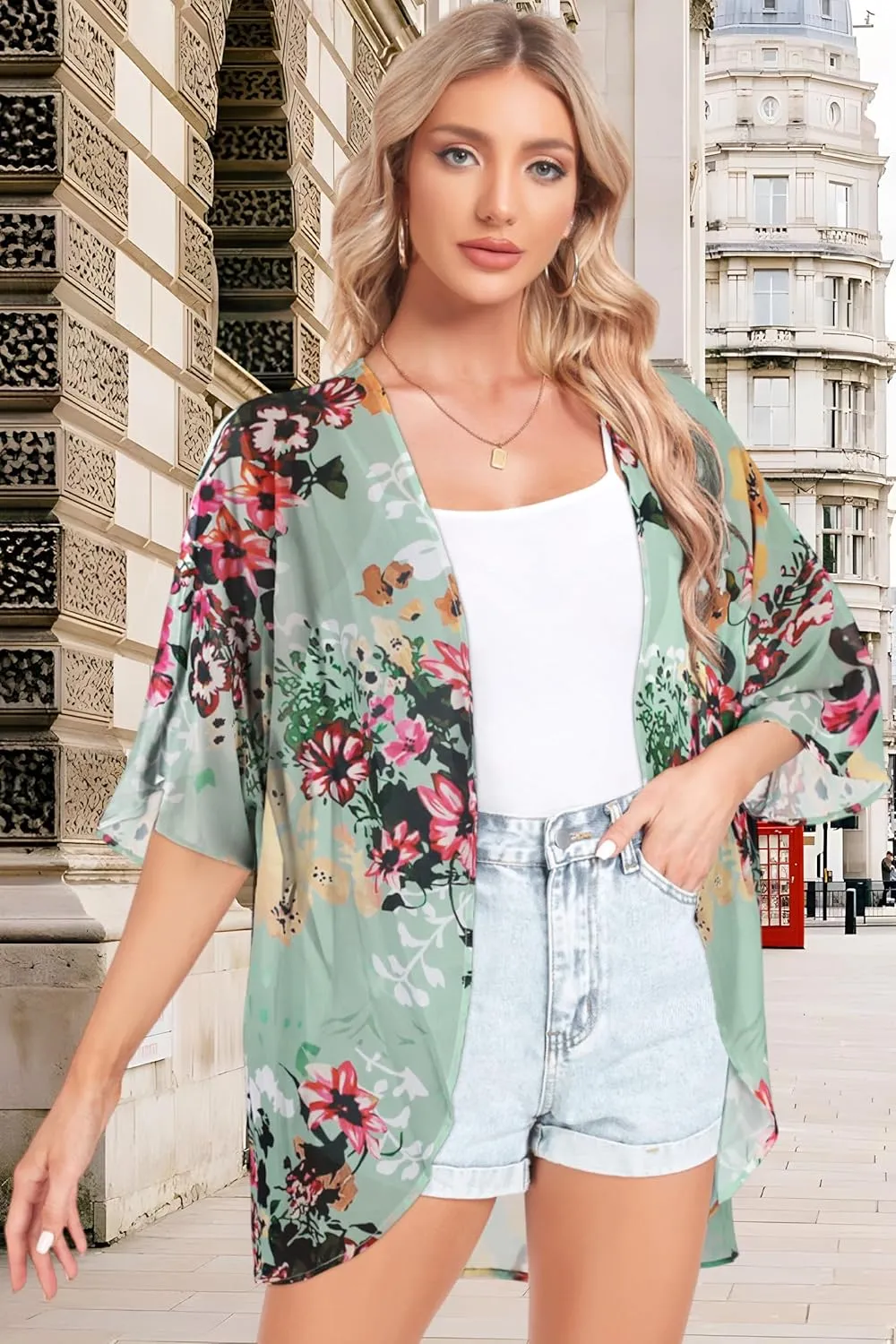 Women Kimono Cardigans Casual Summer Tops Cover up Open Front Floral Print Resort Wear