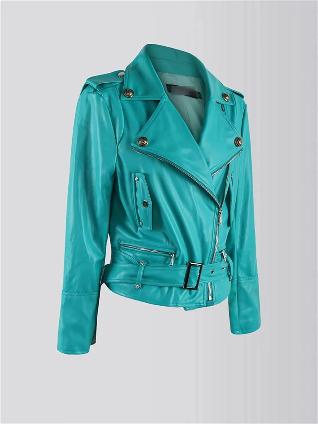 Women Spring Autumn Lapel Soft Short Zipper Pu Leather Moto & Biker Jacket