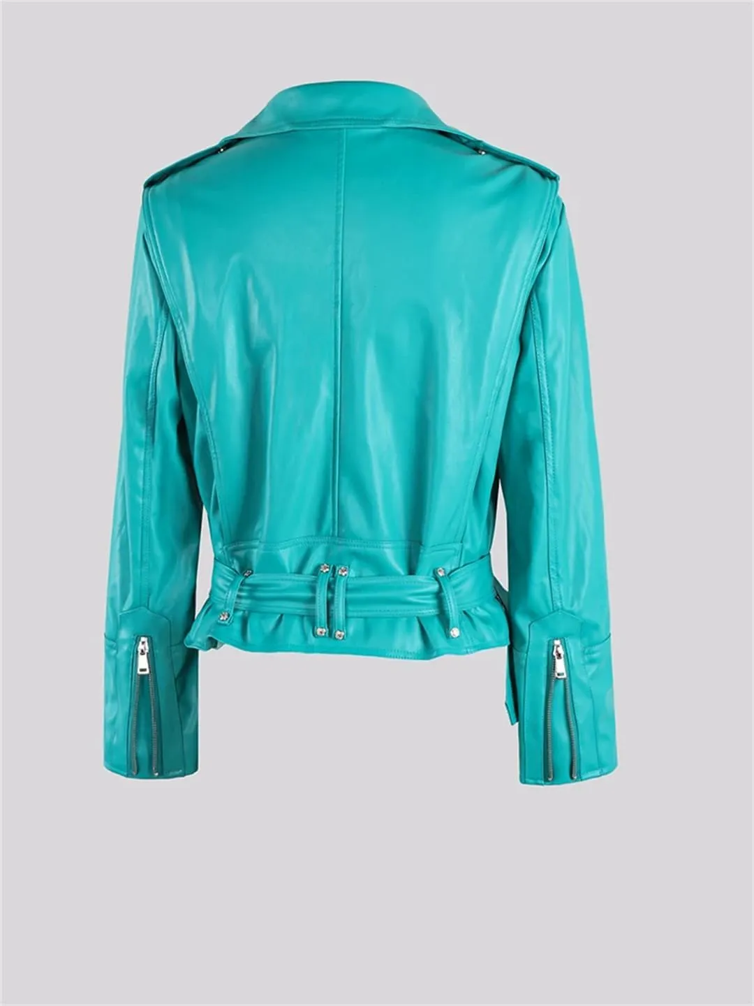 Women Spring Autumn Lapel Soft Short Zipper Pu Leather Moto & Biker Jacket