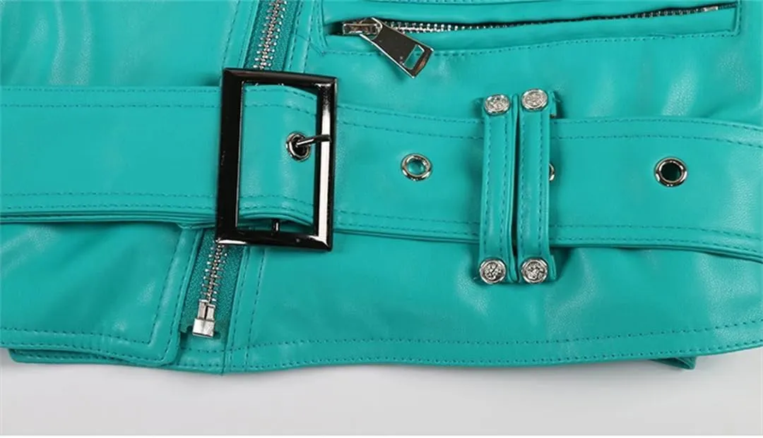 Women Spring Autumn Lapel Soft Short Zipper Pu Leather Moto & Biker Jacket