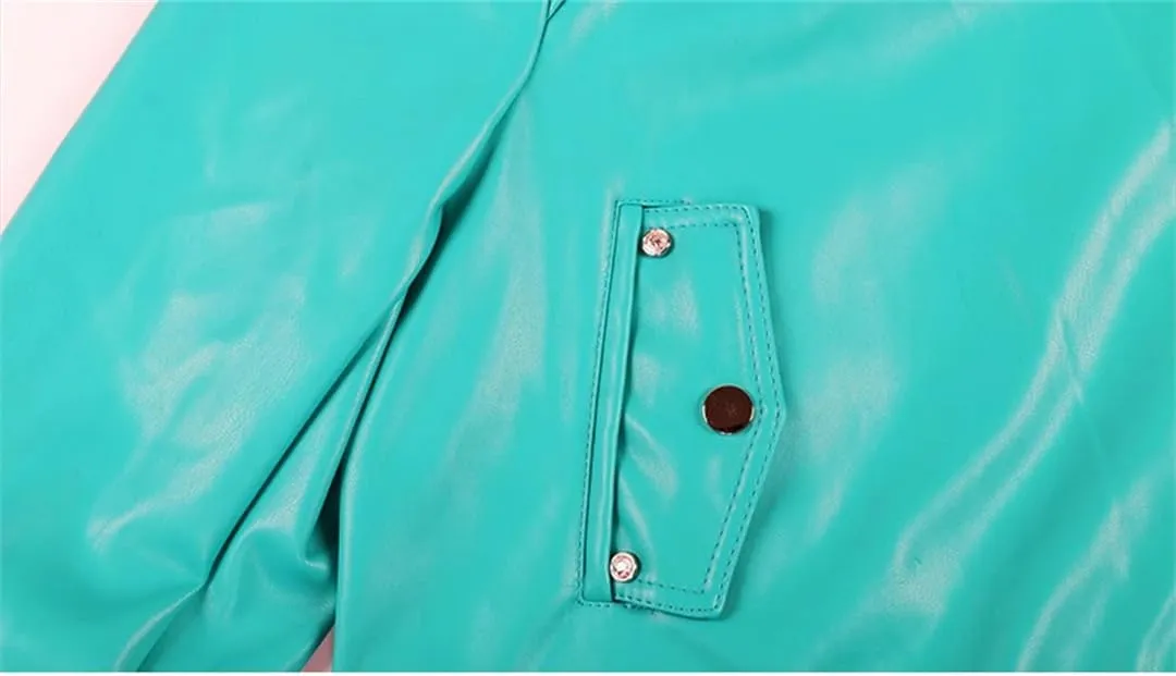 Women Spring Autumn Lapel Soft Short Zipper Pu Leather Moto & Biker Jacket