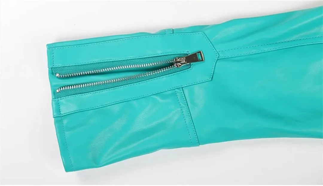 Women Spring Autumn Lapel Soft Short Zipper Pu Leather Moto & Biker Jacket