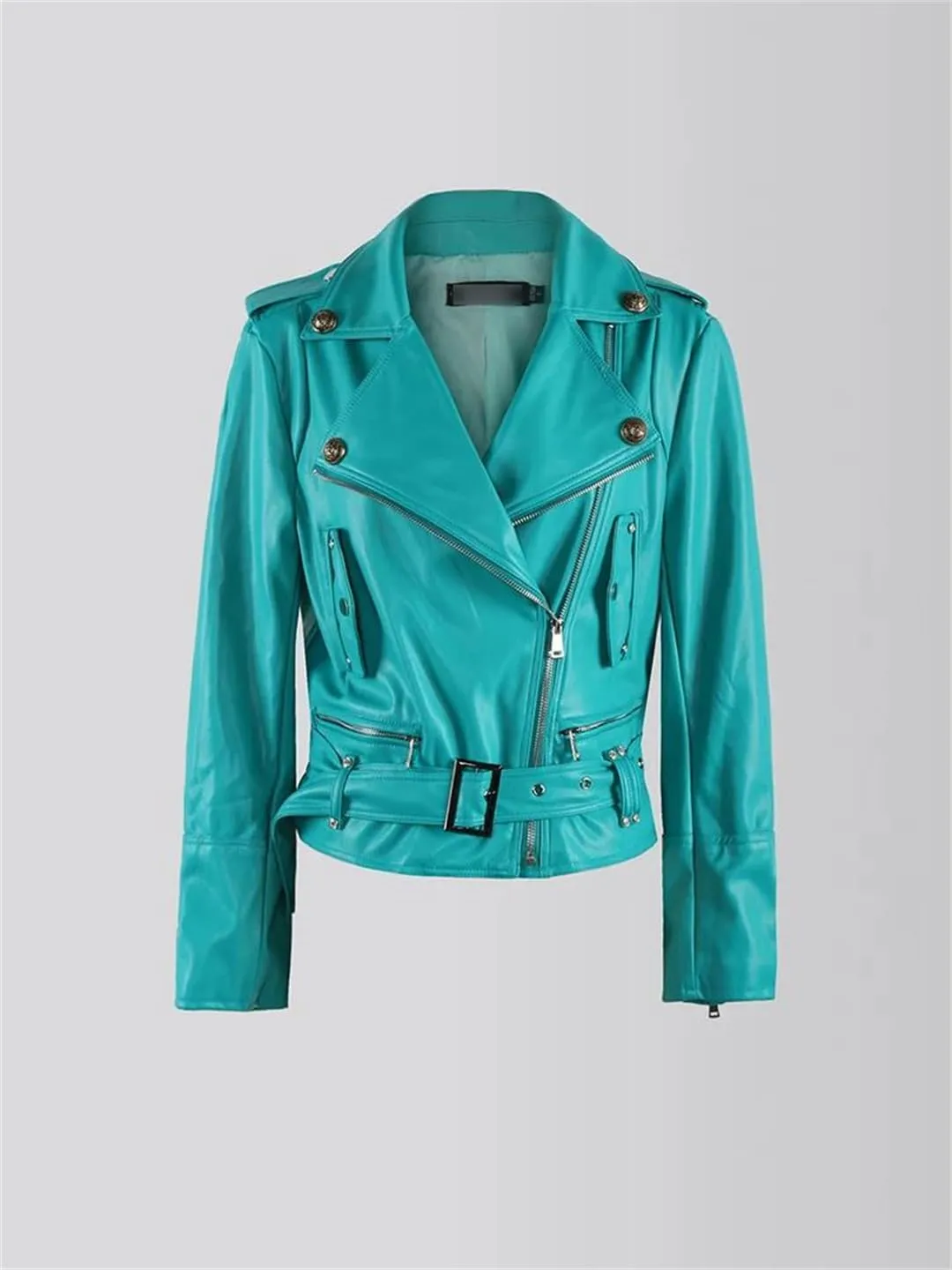 Women Spring Autumn Lapel Soft Short Zipper Pu Leather Moto & Biker Jacket