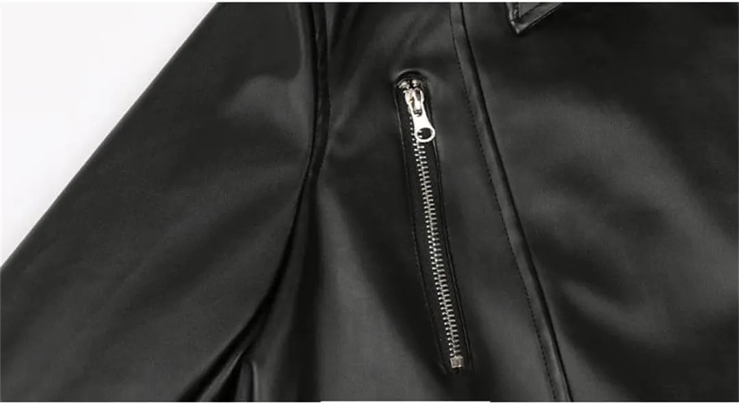 Women Spring Autumn Loose Zipper Long Sleeve Waterproof Black Soft Faux Leather Biker Moto Jacket