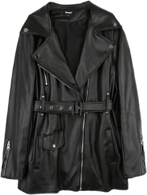 Women Spring Autumn Loose Zipper Long Sleeve Waterproof Black Soft Faux Leather Biker Moto Jacket