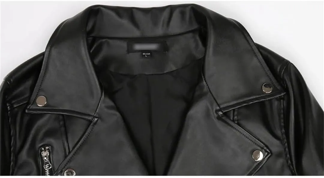 Women Spring Autumn Loose Zipper Long Sleeve Waterproof Black Soft Faux Leather Biker Moto Jacket