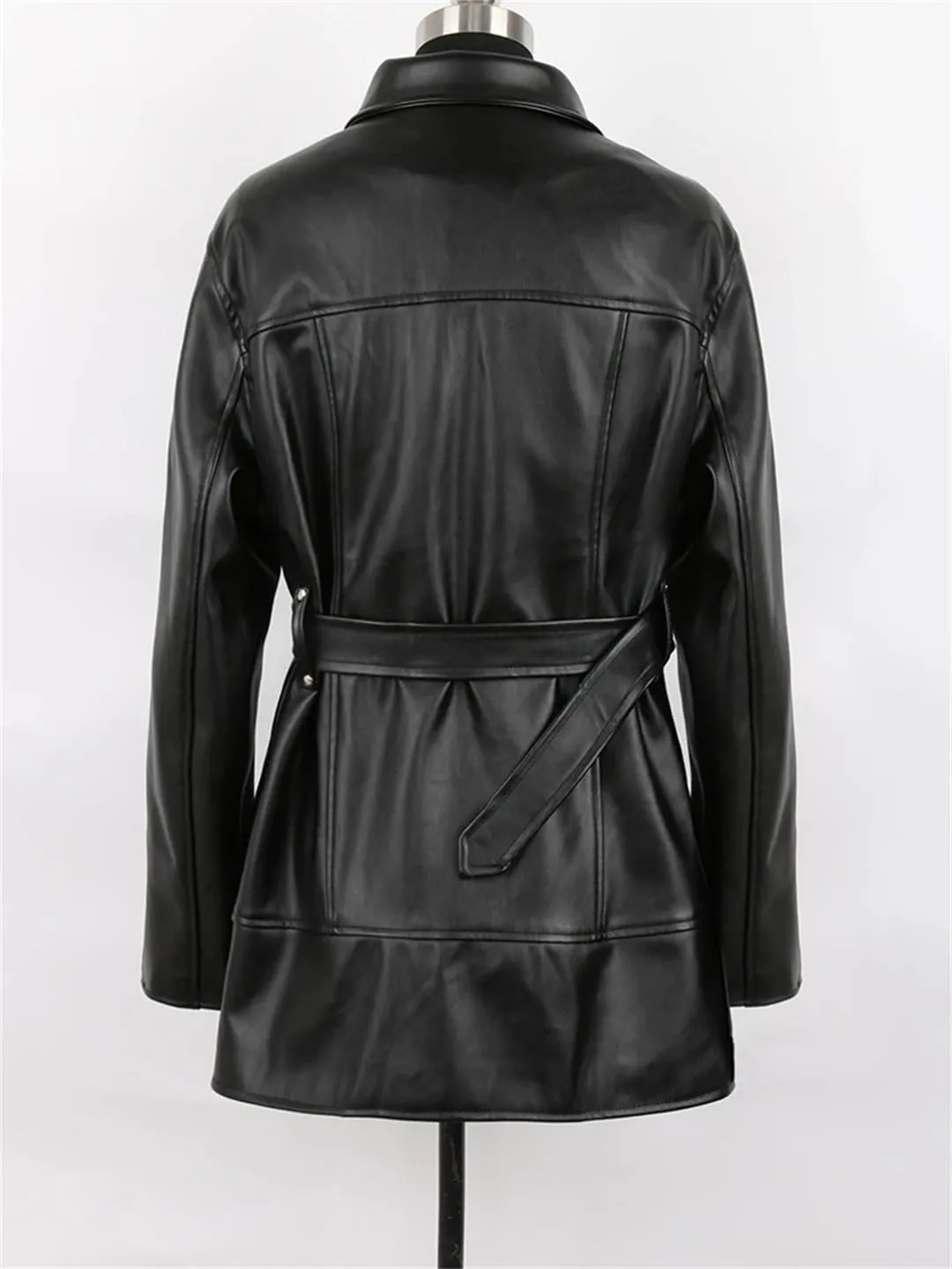 Women Spring Autumn Loose Zipper Long Sleeve Waterproof Black Soft Faux Leather Biker Moto Jacket