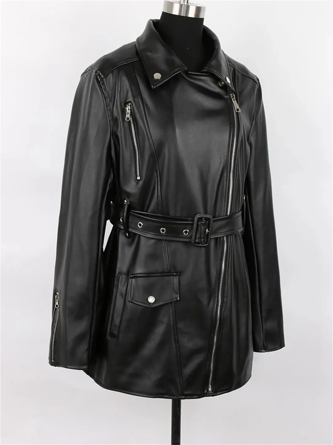 Women Spring Autumn Loose Zipper Long Sleeve Waterproof Black Soft Faux Leather Biker Moto Jacket