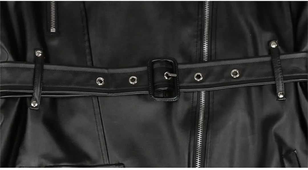 Women Spring Autumn Loose Zipper Long Sleeve Waterproof Black Soft Faux Leather Biker Moto Jacket