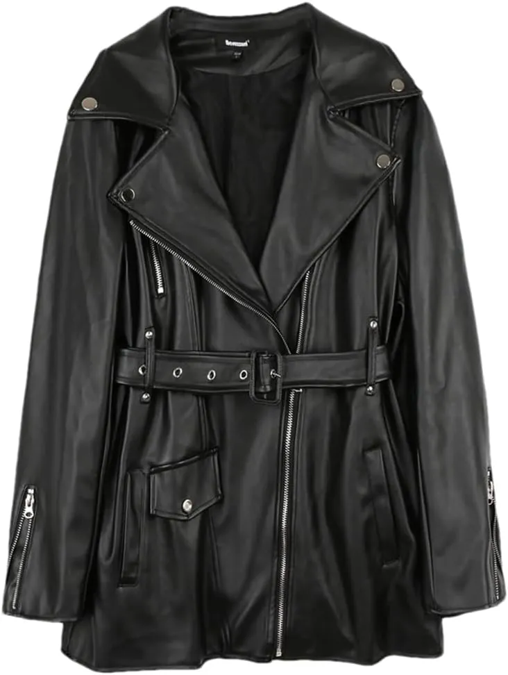 Women Spring Autumn Loose Zipper Long Sleeve Waterproof Black Soft Faux Leather Biker Moto Jacket