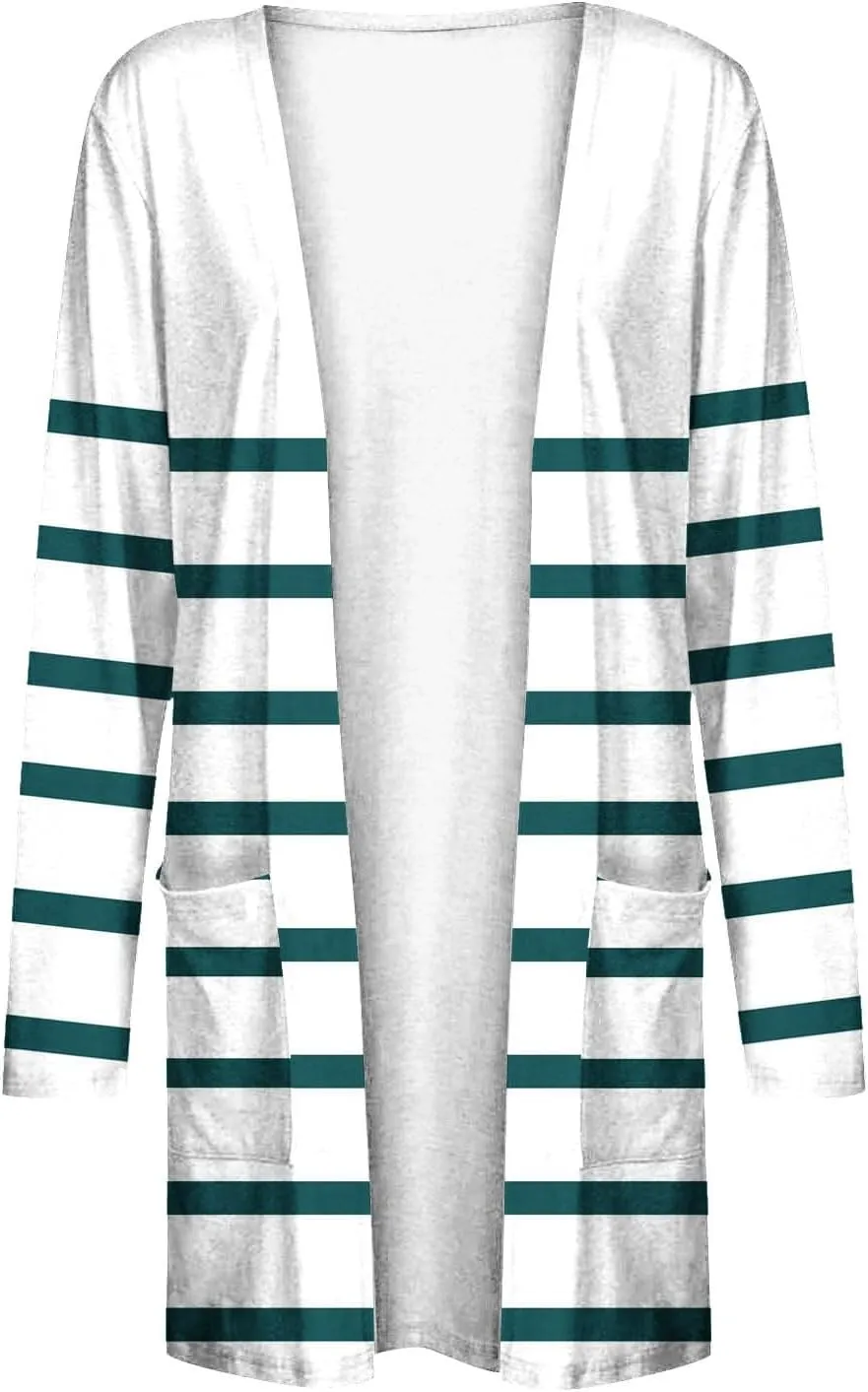 Womens 2024 Fall Fashion Cardigans Dressy Casual Lightweight Long Sleeve Open Front Striped Cardigan with Pockets