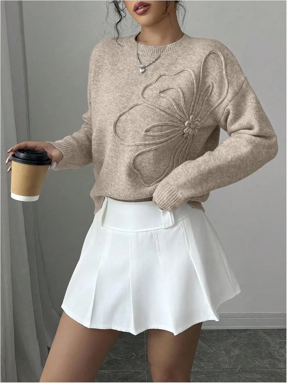 Women's 3D Floral Appliques Crewneck Sweaters Long Sleeve Drop Shoulder Pullovers Elegant Knit Tops