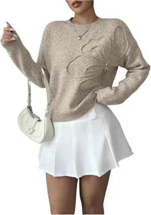Women's 3D Floral Appliques Crewneck Sweaters Long Sleeve Drop Shoulder Pullovers Elegant Knit Tops