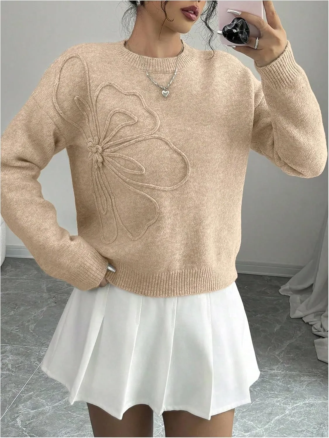 Women's 3D Floral Appliques Crewneck Sweaters Long Sleeve Drop Shoulder Pullovers Elegant Knit Tops
