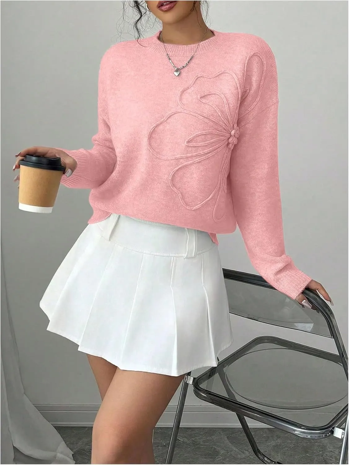 Women's 3D Floral Appliques Crewneck Sweaters Long Sleeve Drop Shoulder Pullovers Elegant Knit Tops
