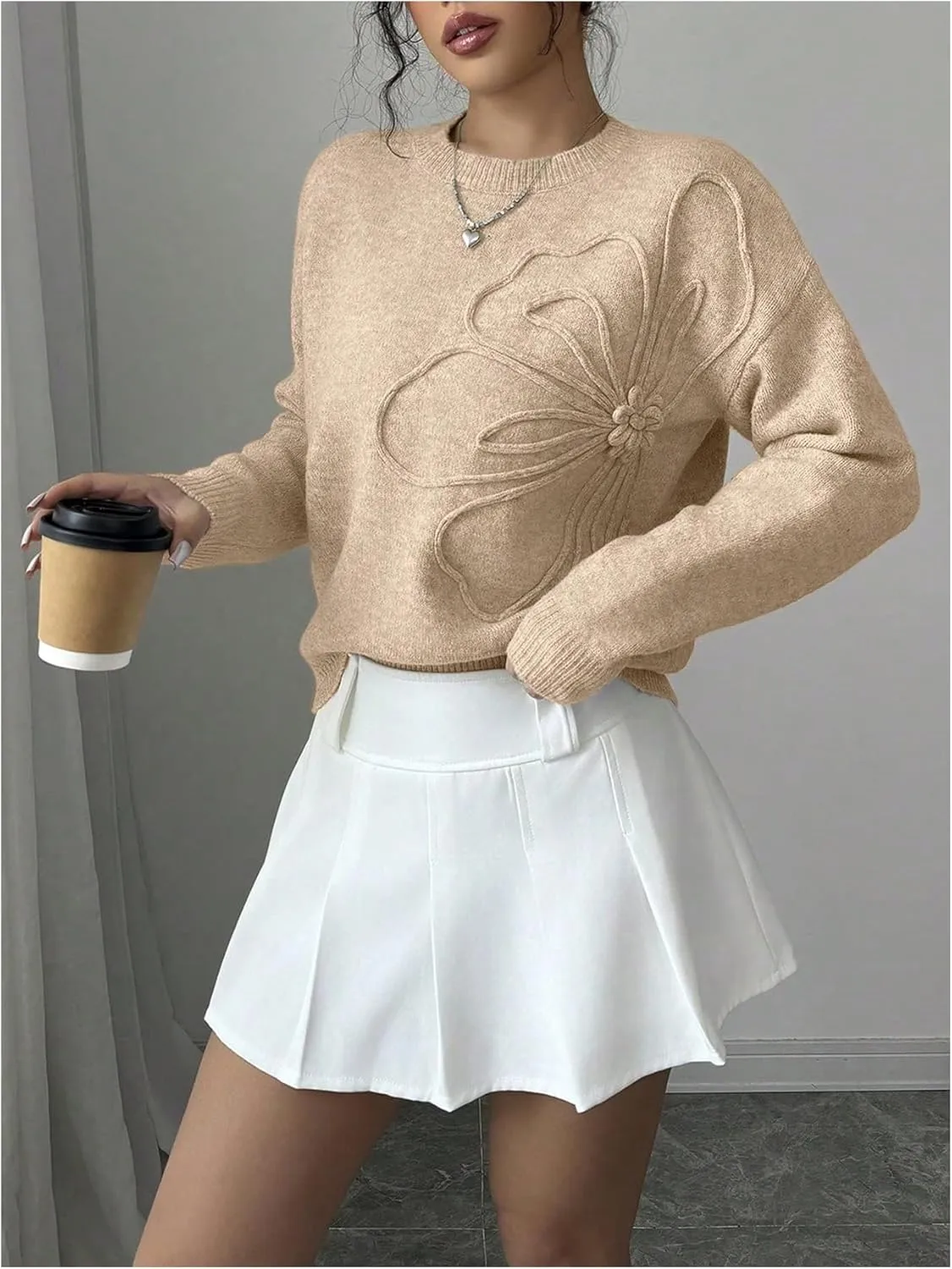 Women's 3D Floral Appliques Crewneck Sweaters Long Sleeve Drop Shoulder Pullovers Elegant Knit Tops