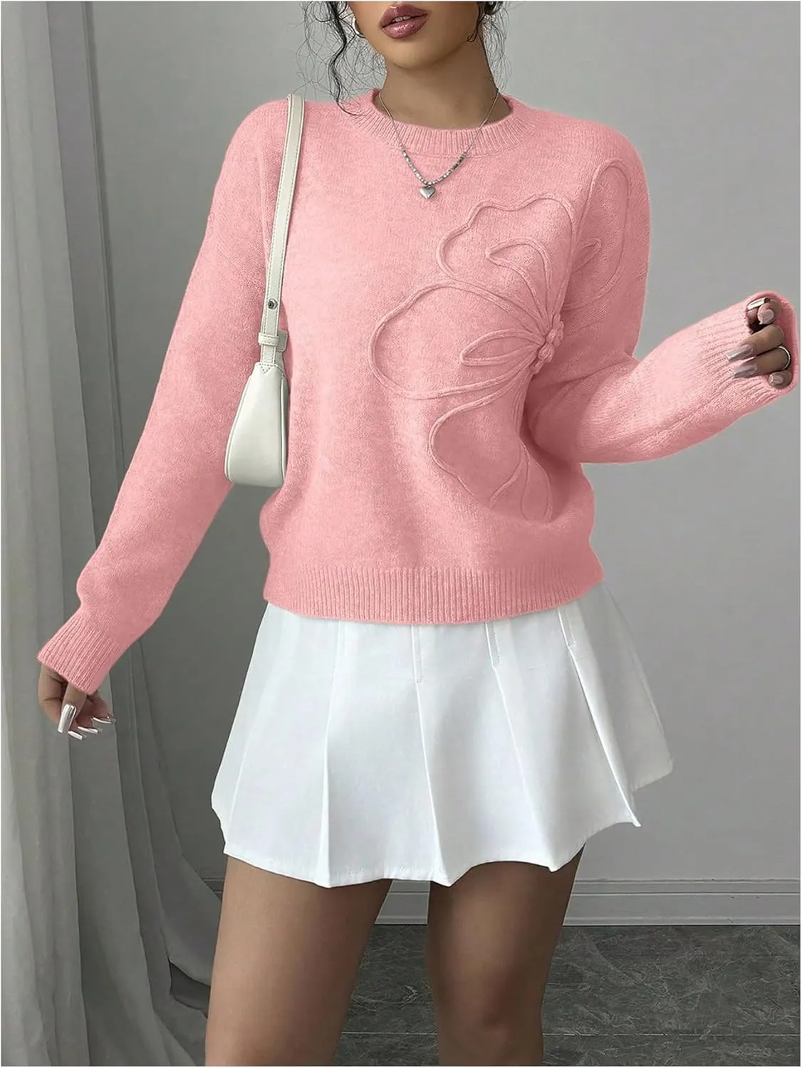 Women's 3D Floral Appliques Crewneck Sweaters Long Sleeve Drop Shoulder Pullovers Elegant Knit Tops