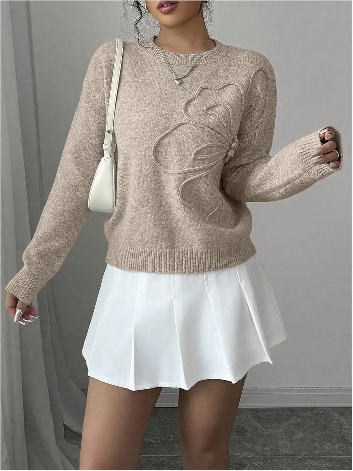 Women's 3D Floral Appliques Crewneck Sweaters Long Sleeve Drop Shoulder Pullovers Elegant Knit Tops