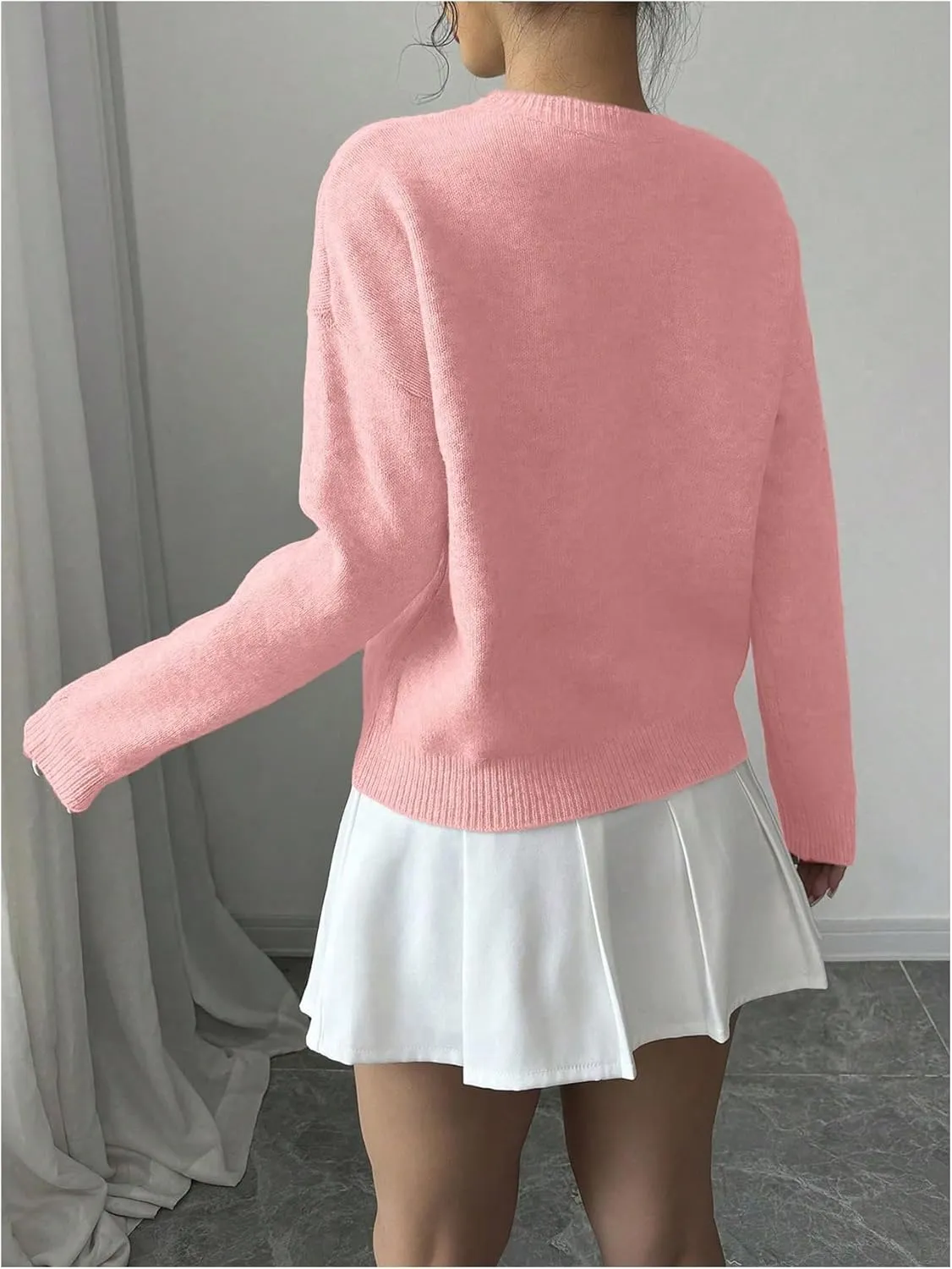 Women's 3D Floral Appliques Crewneck Sweaters Long Sleeve Drop Shoulder Pullovers Elegant Knit Tops