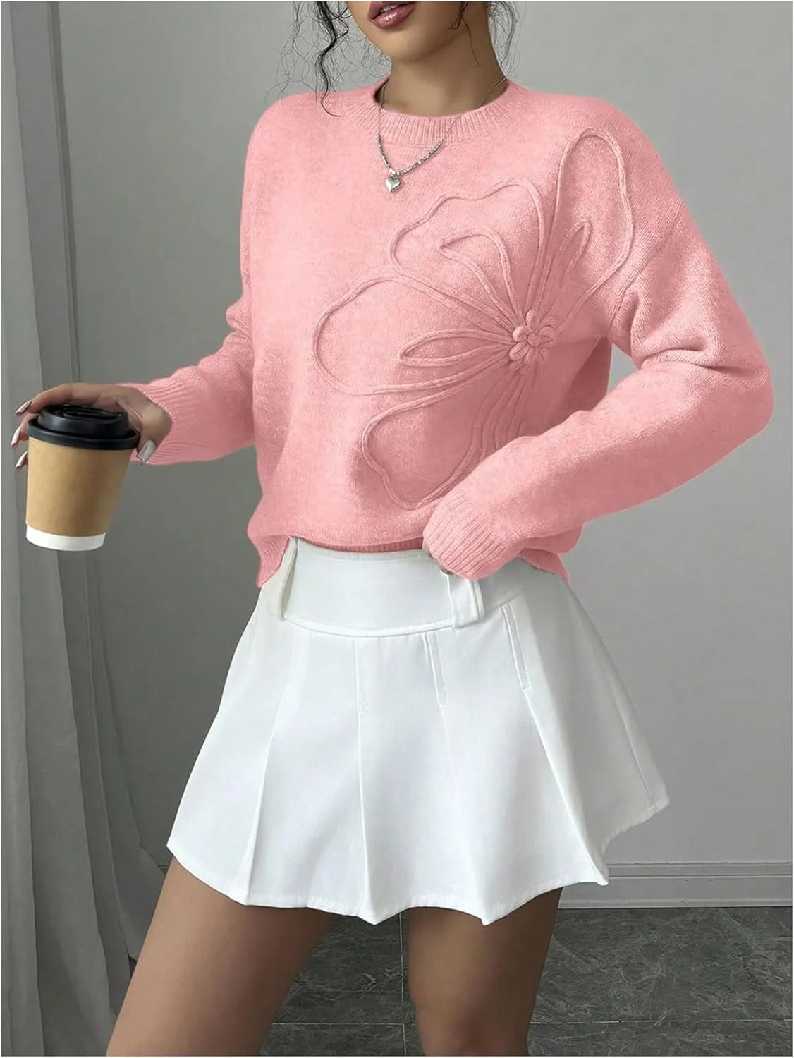 Women's 3D Floral Appliques Crewneck Sweaters Long Sleeve Drop Shoulder Pullovers Elegant Knit Tops