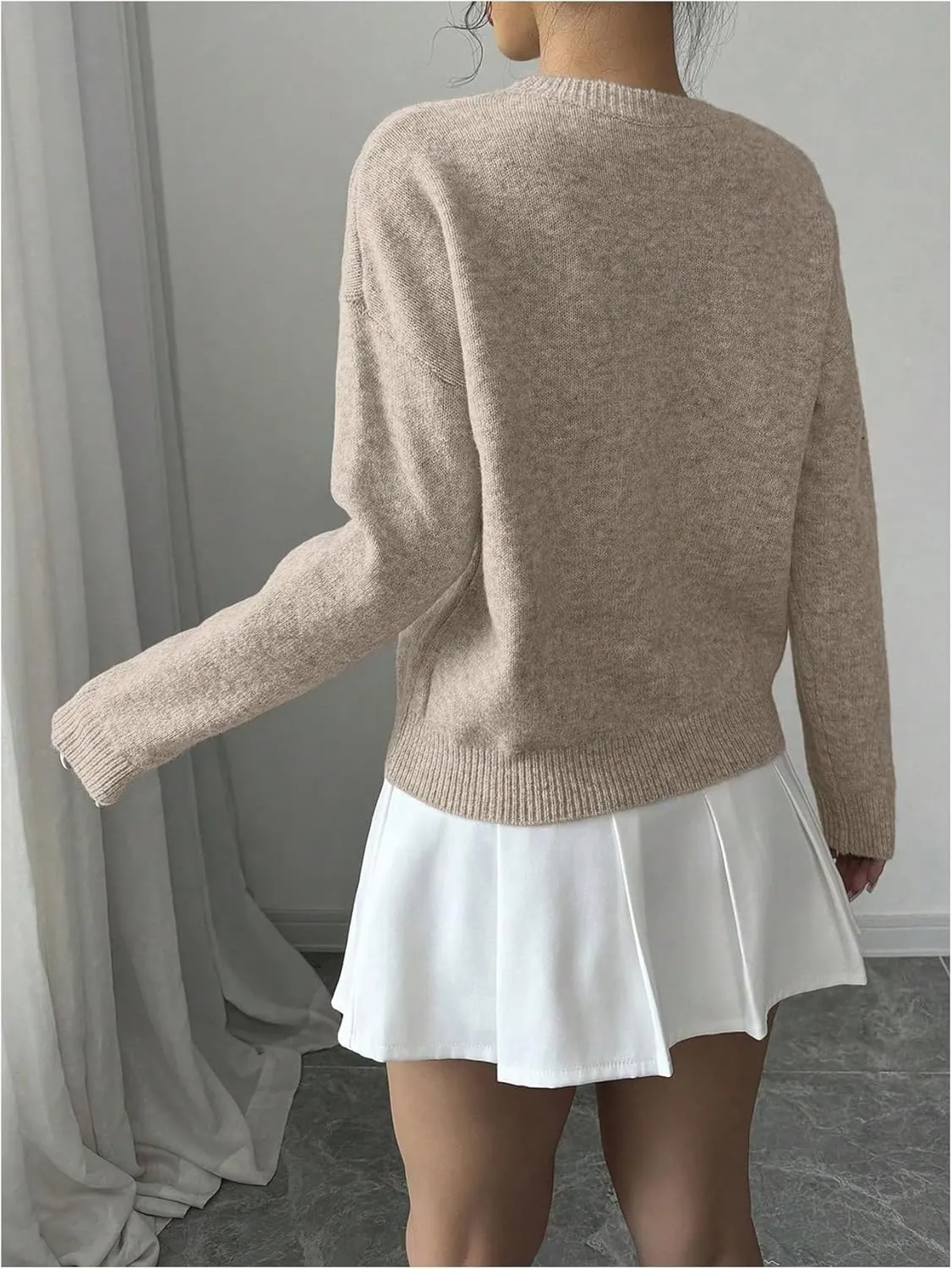 Women's 3D Floral Appliques Crewneck Sweaters Long Sleeve Drop Shoulder Pullovers Elegant Knit Tops