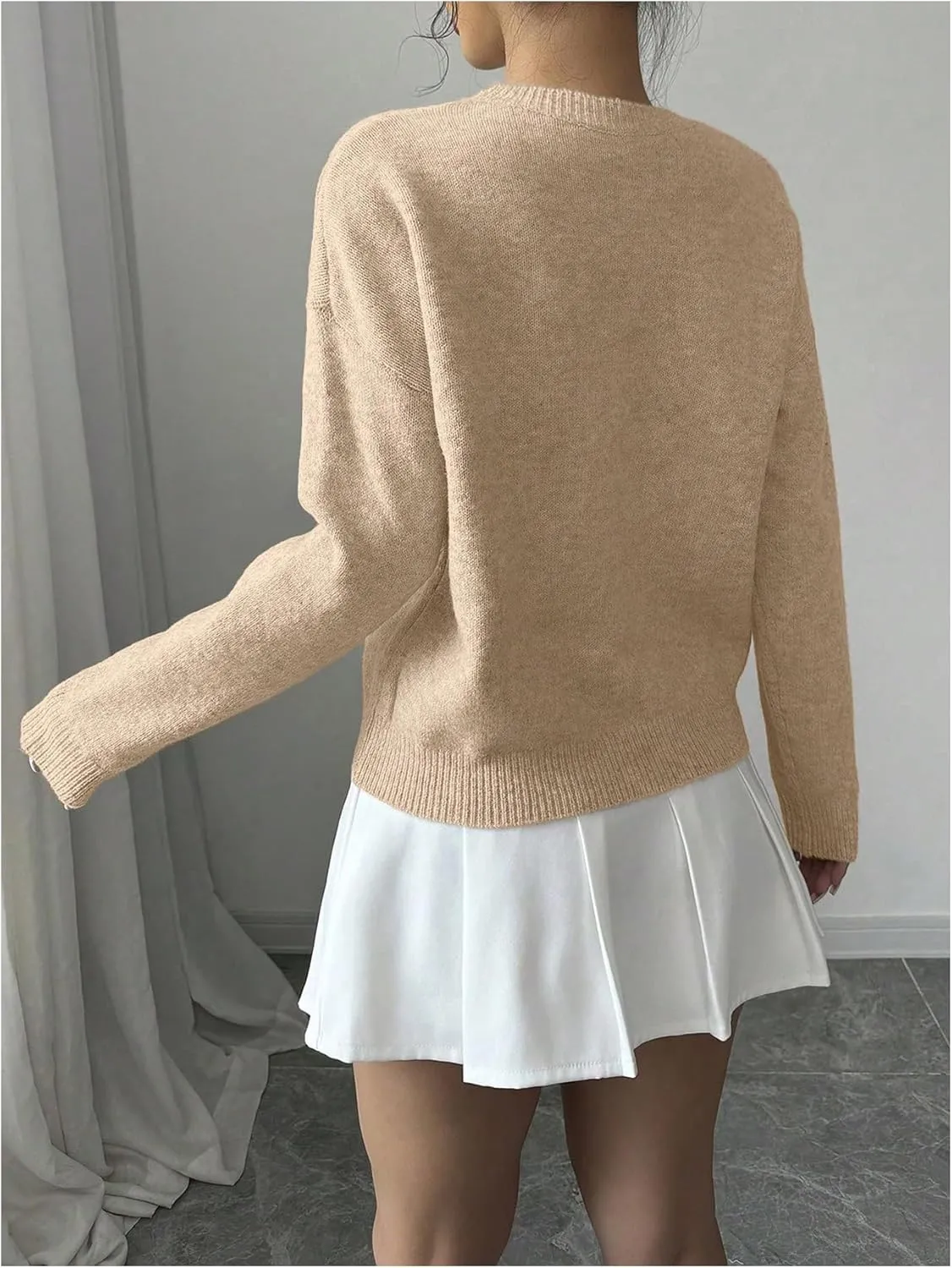 Women's 3D Floral Appliques Crewneck Sweaters Long Sleeve Drop Shoulder Pullovers Elegant Knit Tops