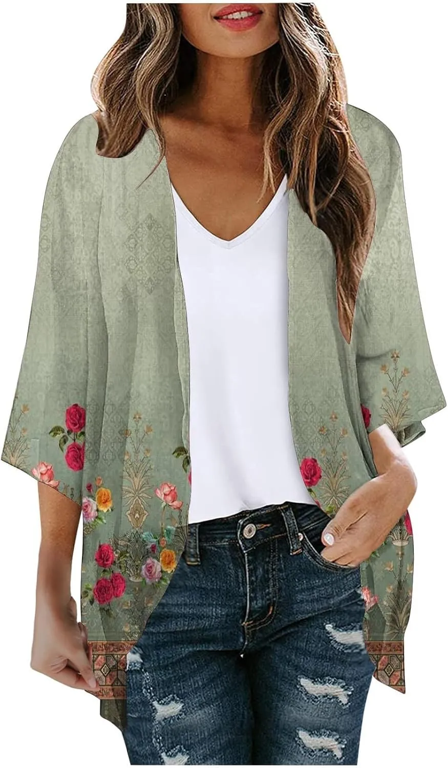 Women's Beach Kimono Coverup Women's Floral Print Kimono Cardigan Puff Sleeve Chiffon Cover Up Casual Blouse