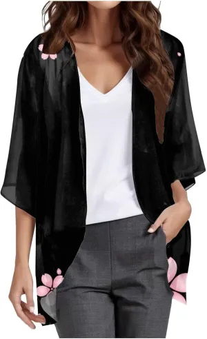 Women's Beach Kimono Coverup Women's Floral Print Kimono Cardigan Puff Sleeve Chiffon Cover Up Casual Blouse