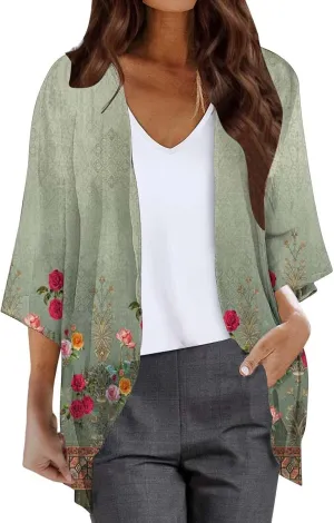 Women's Beach Kimono Coverup Women's Floral Print Kimono Cardigan Puff Sleeve Chiffon Cover Up Casual Blouse
