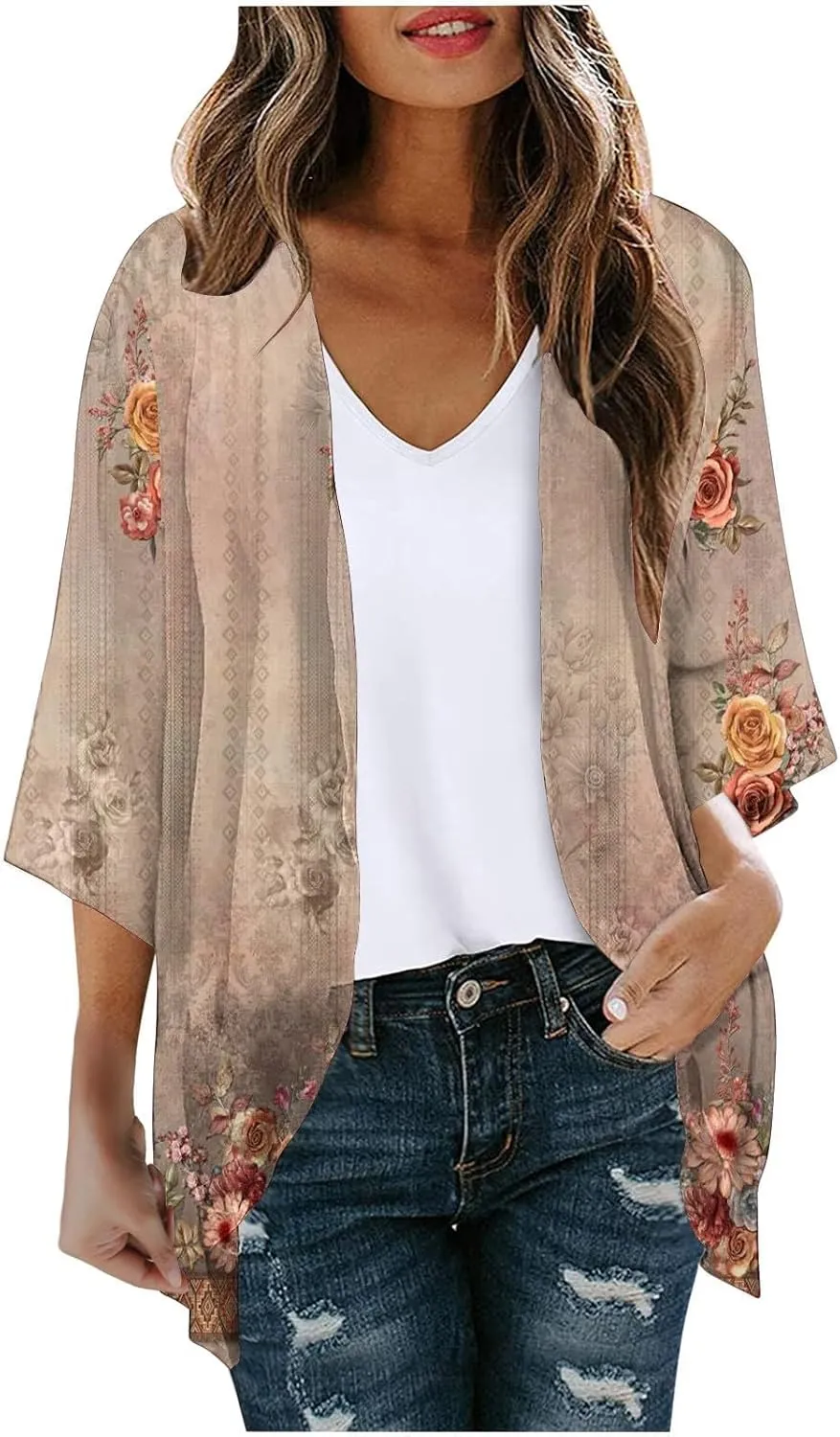 Women's Beach Kimono Coverup Women's Floral Print Kimono Cardigan Puff Sleeve Chiffon Cover Up Casual Blouse