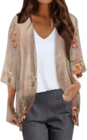 Women's Beach Kimono Coverup Women's Floral Print Kimono Cardigan Puff Sleeve Chiffon Cover Up Casual Blouse