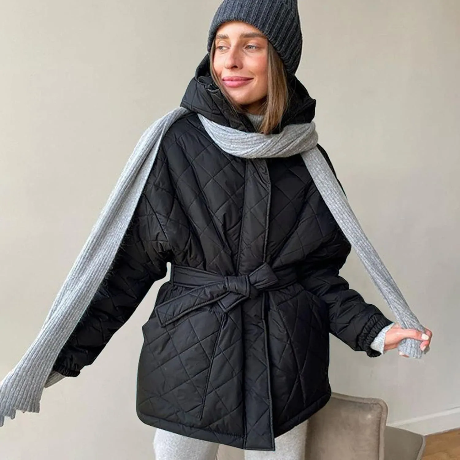Women's Belted Quilted Puffer Jackets 2024 Trendy Down Coats With Hood Winter Warm Lightweight Outfits with Pockets