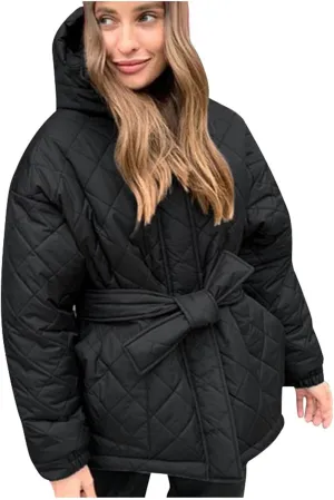 Women's Belted Quilted Puffer Jackets 2024 Trendy Down Coats With Hood Winter Warm Lightweight Outfits with Pockets