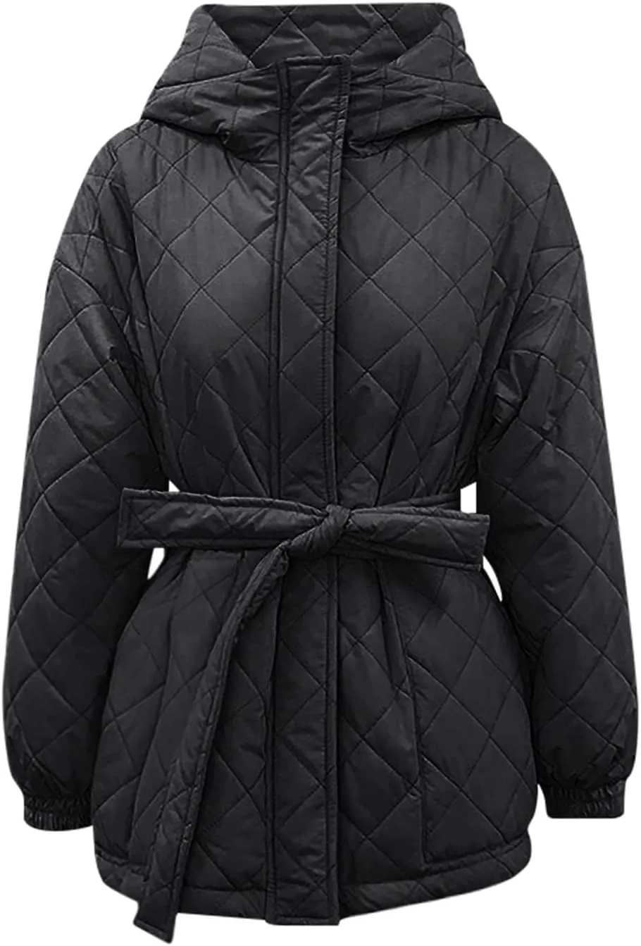 Women's Belted Quilted Puffer Jackets 2024 Trendy Down Coats With Hood Winter Warm Lightweight Outfits with Pockets