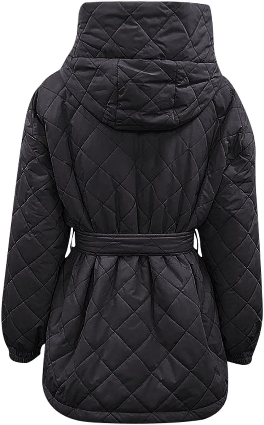 Women's Belted Quilted Puffer Jackets 2024 Trendy Down Coats With Hood Winter Warm Lightweight Outfits with Pockets