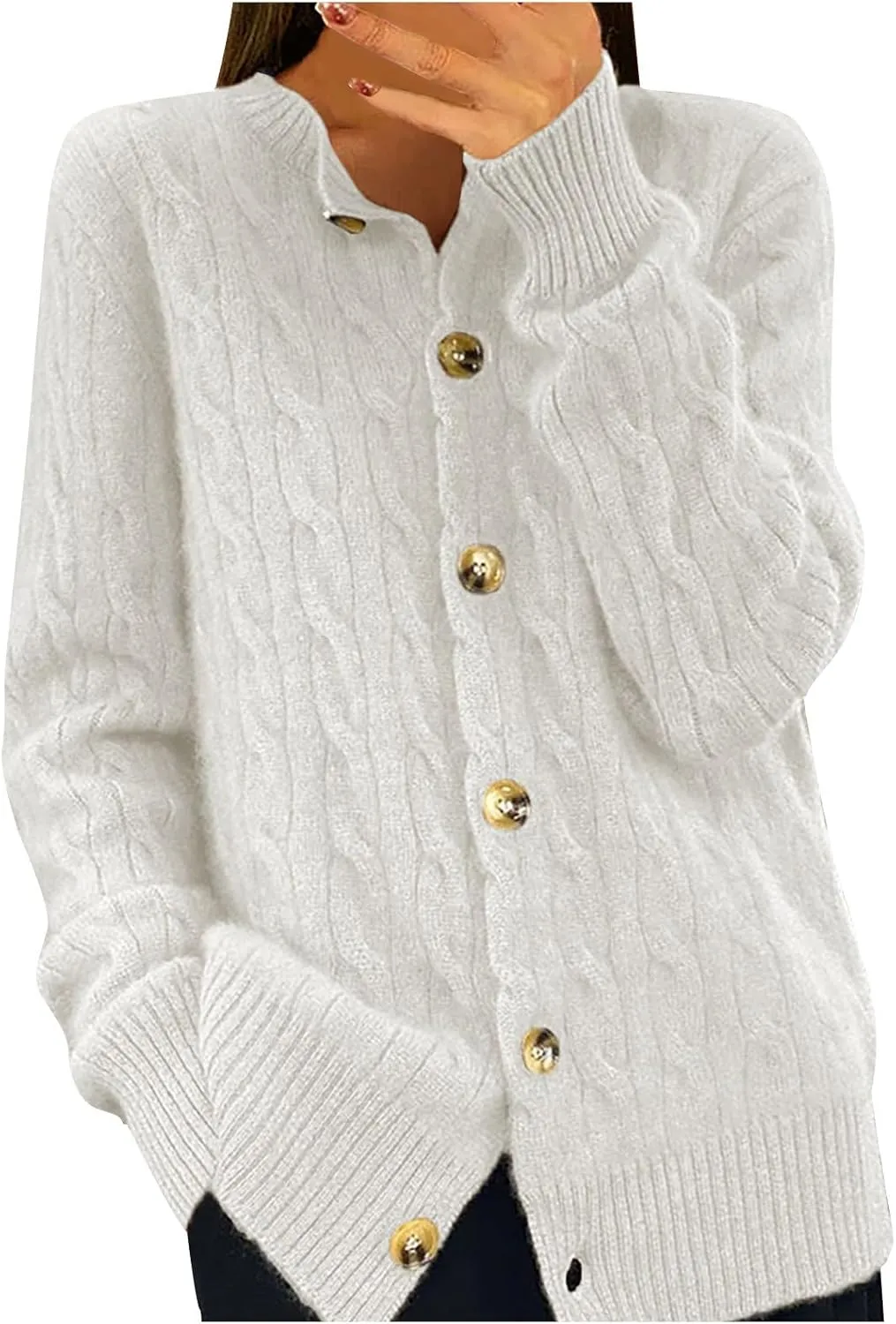 Womens Cardigan Crewneck Sweaters Cable Knit Sweater 2024 Fall Button Down Open Front Casual Loose Outerwear Coats