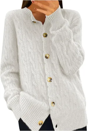 Womens Cardigan Crewneck Sweaters Cable Knit Sweater 2024 Fall Button Down Open Front Casual Loose Outerwear Coats