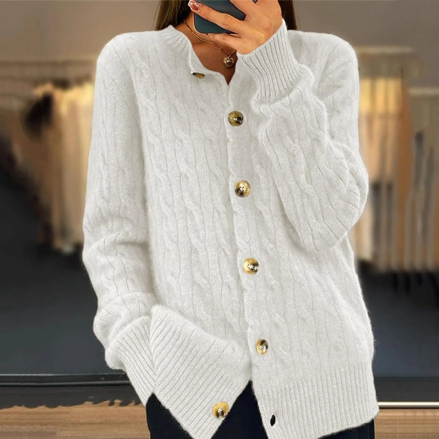 Womens Cardigan Crewneck Sweaters Cable Knit Sweater 2024 Fall Button Down Open Front Casual Loose Outerwear Coats