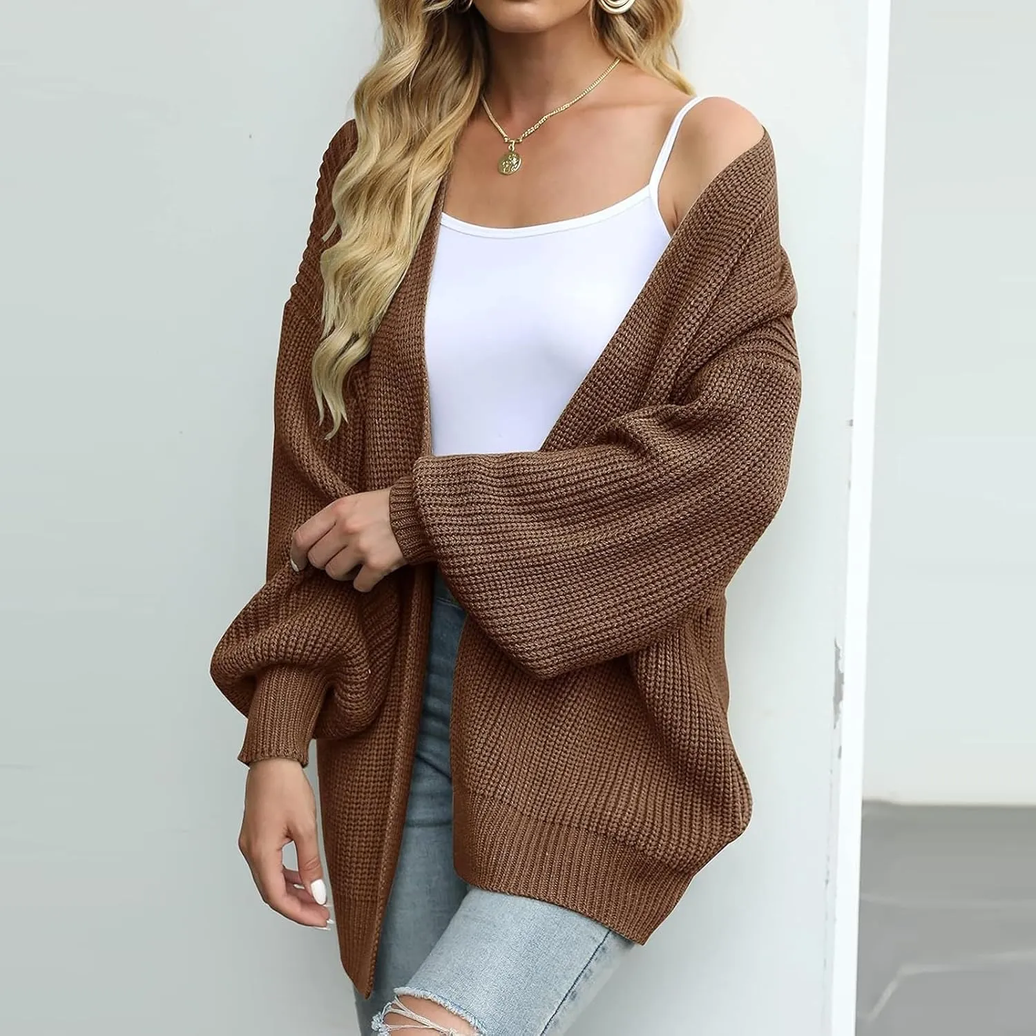 Women's Chunky Knit Open Front Sweater 2024 Fall Winter Long Sleeve Sweater Casual Lightweight Cardigan Outerwear