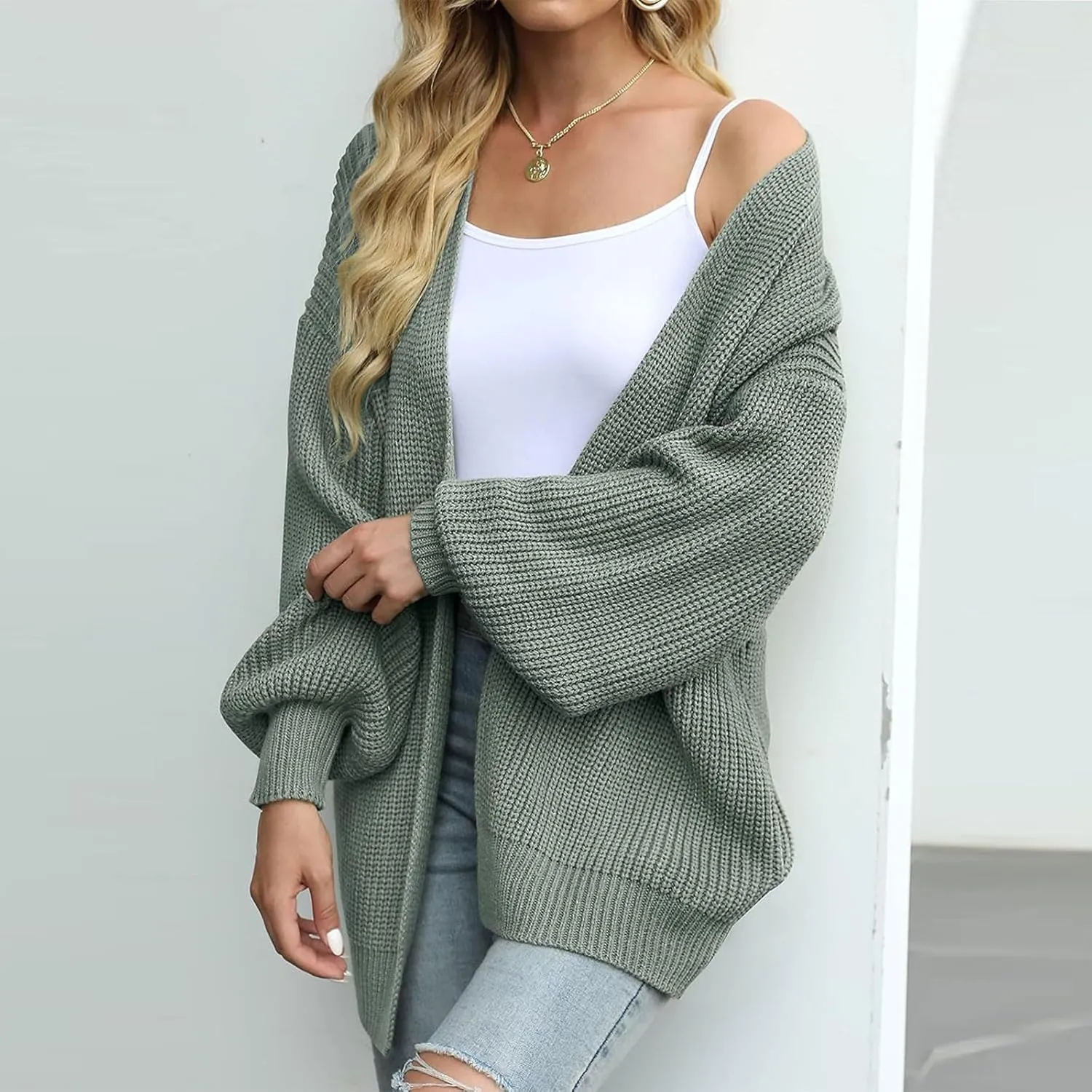 Women's Chunky Knit Open Front Sweater 2024 Fall Winter Long Sleeve Sweater Casual Lightweight Cardigan Outerwear