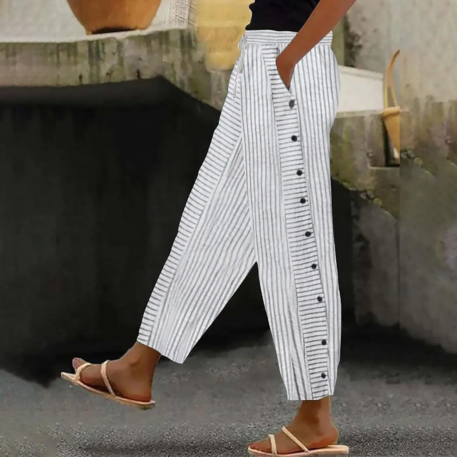 Women's Cotton Linen Pants High Waisted Wide Leg Pant Comfy Soft Trousers Casual Resort Wear
