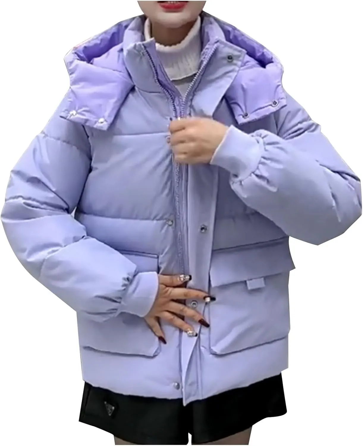 Womens Cropped Hooded Puffer Jacket Lightweight Solid Color Zip Up Down Coat Winter Warm Outdoor Clothes With Pocket