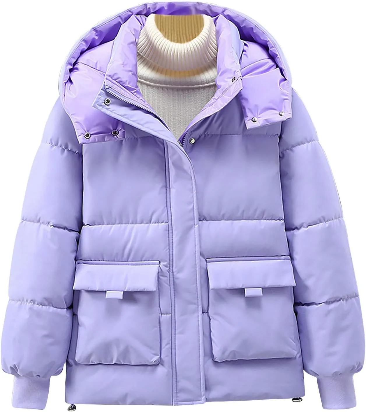 Womens Cropped Hooded Puffer Jacket Lightweight Solid Color Zip Up Down Coat Winter Warm Outdoor Clothes With Pocket